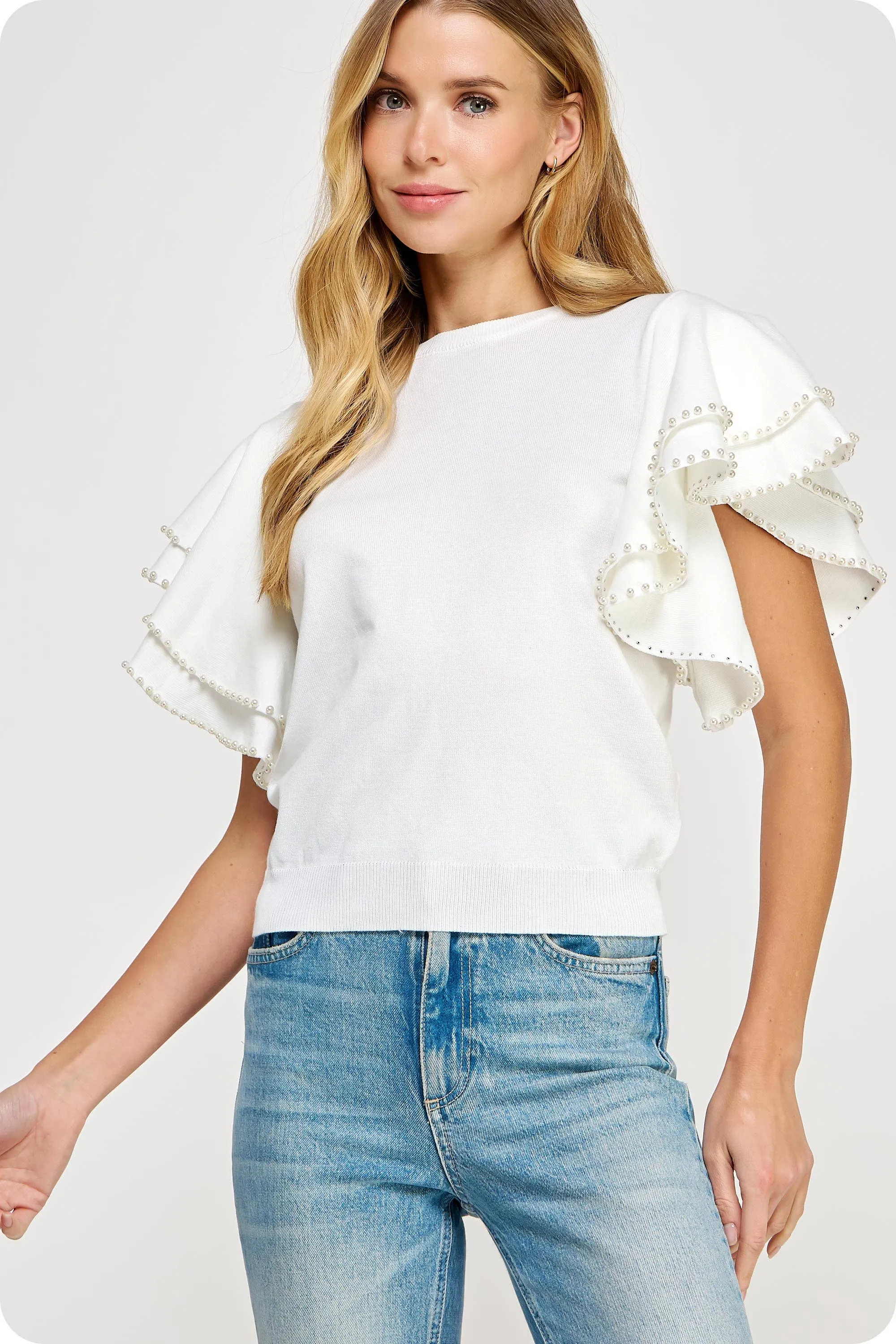 The Kindness Double Layer Pearl Trim Knit Sweater Top