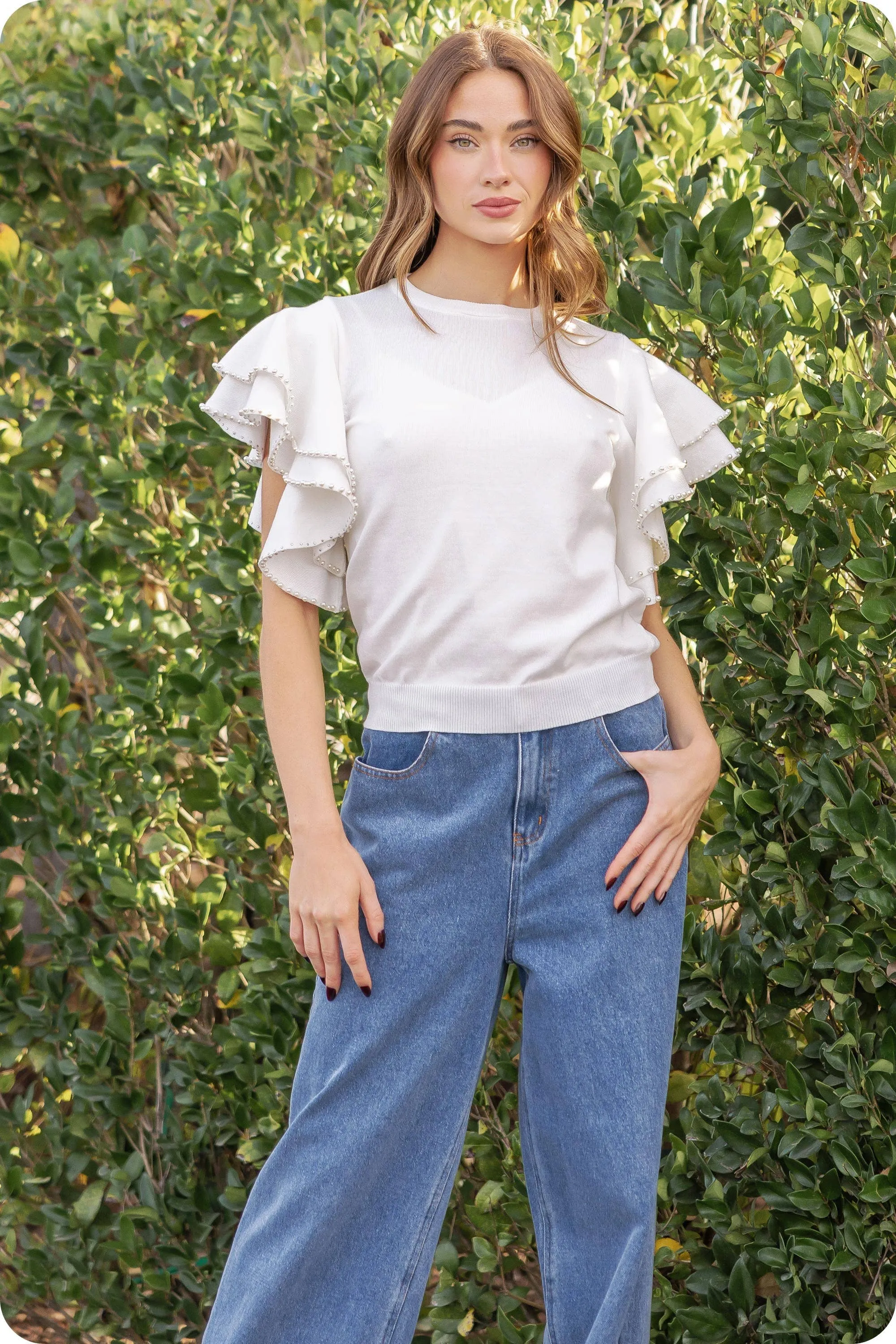 The Kindness Double Layer Pearl Trim Knit Sweater Top