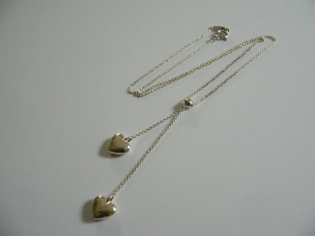 Tiffany & Co Silver Double Dangling Hearts Necklace Pendant Charm Gift Pouch