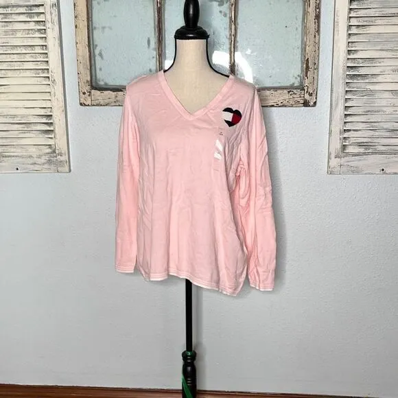 Tommy Hilfiger Womens Knitted Ivy Sweater Heart Patch V-Neck Pink Size 1X NWT