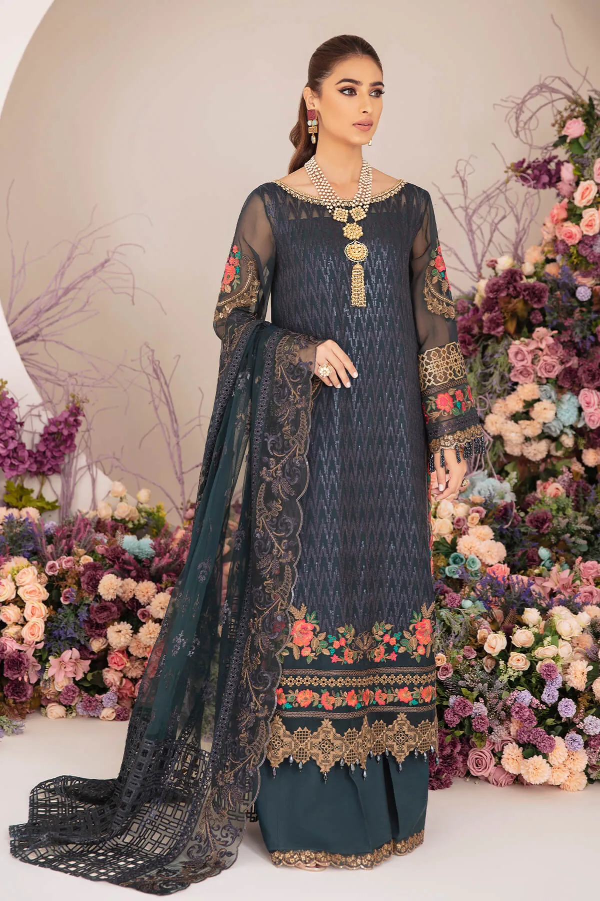 Traditional Black Embroidered Pakistani Salwar Kameez Dupatta Suit