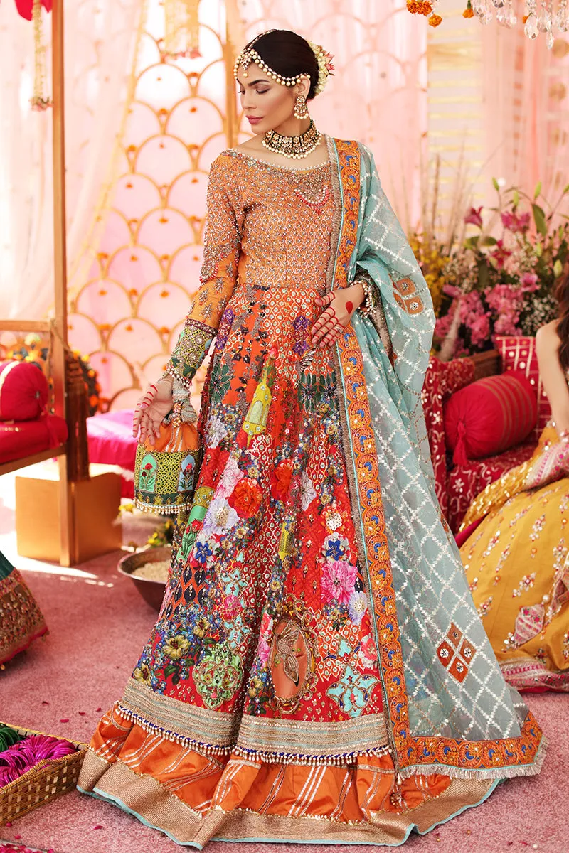 Traditional Bridal Dress in Multicolored Pishwas Dress with Raw Silk Orange Lehenga and Ferozi Dupatta #BS646