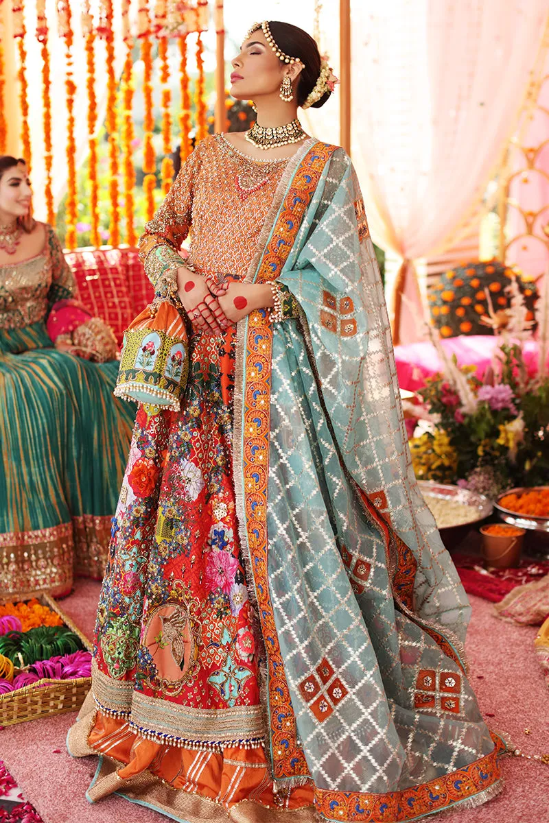 Traditional Bridal Dress in Multicolored Pishwas Dress with Raw Silk Orange Lehenga and Ferozi Dupatta #BS646