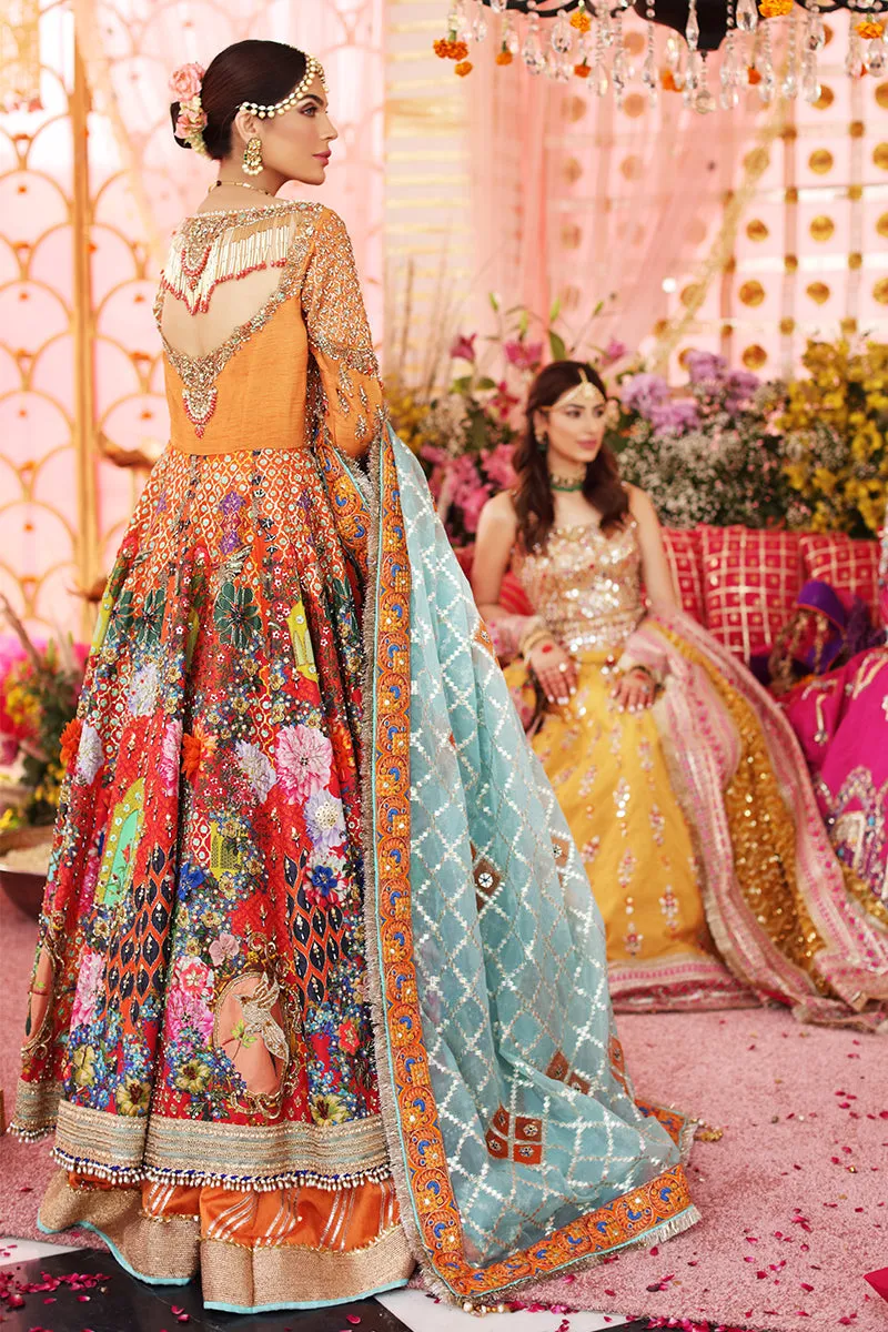 Traditional Bridal Dress in Multicolored Pishwas Dress with Raw Silk Orange Lehenga and Ferozi Dupatta #BS646