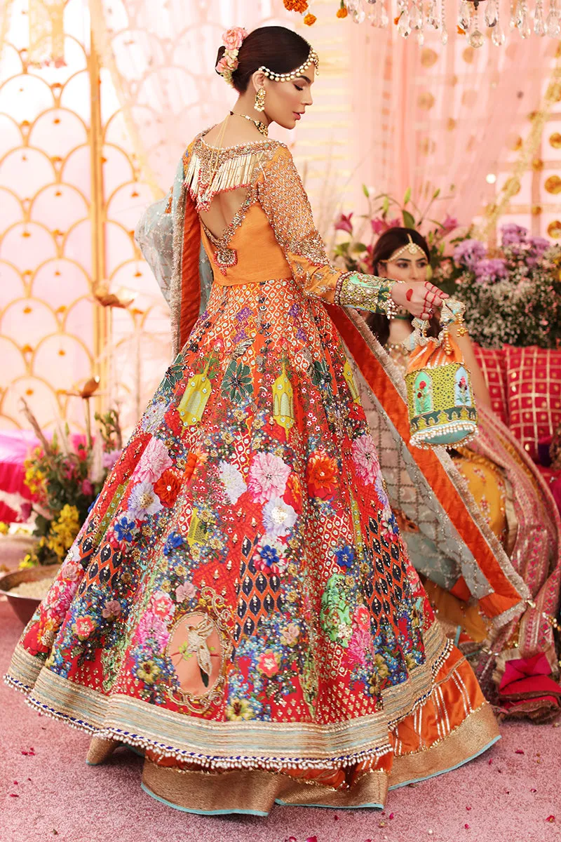 Traditional Bridal Dress in Multicolored Pishwas Dress with Raw Silk Orange Lehenga and Ferozi Dupatta #BS646