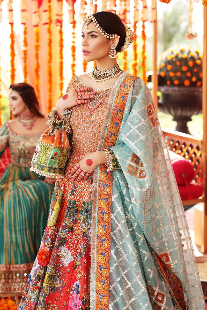Traditional Bridal Dress in Multicolored Pishwas Dress with Raw Silk Orange Lehenga and Ferozi Dupatta #BS646