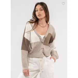 Trendy Colorblock Knit Cardigan - Khaki