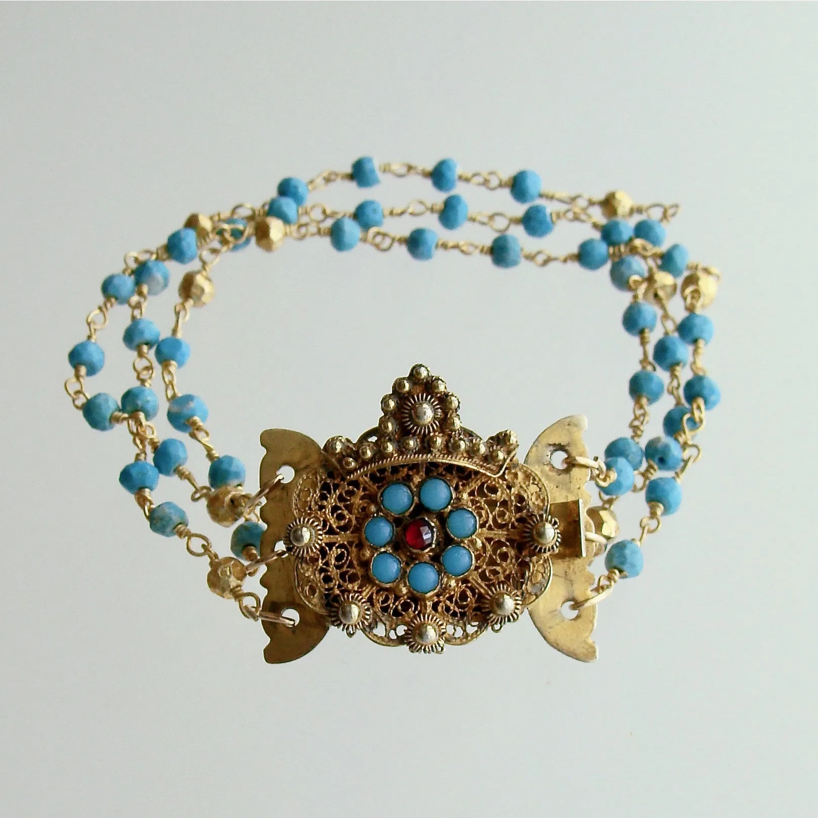 Triple Strand Turquoise Pyrite Bracelet Georgian Turquoise Garnet Clasp - Seona Bracelet