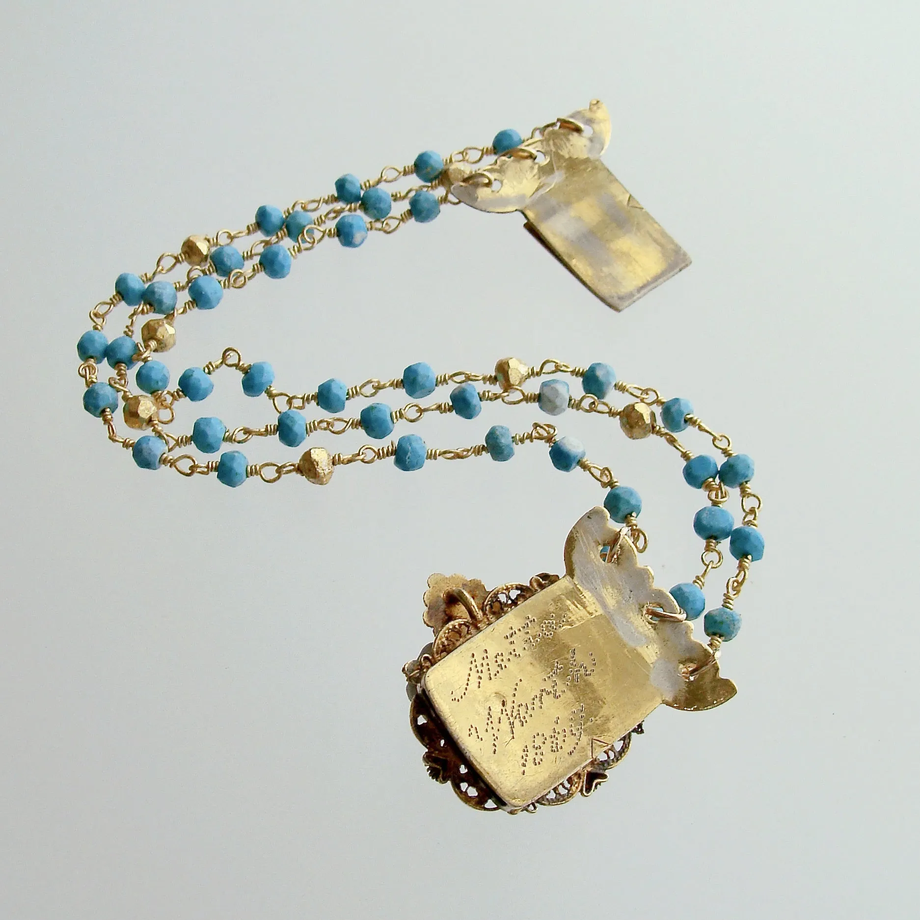 Triple Strand Turquoise Pyrite Bracelet Georgian Turquoise Garnet Clasp - Seona Bracelet