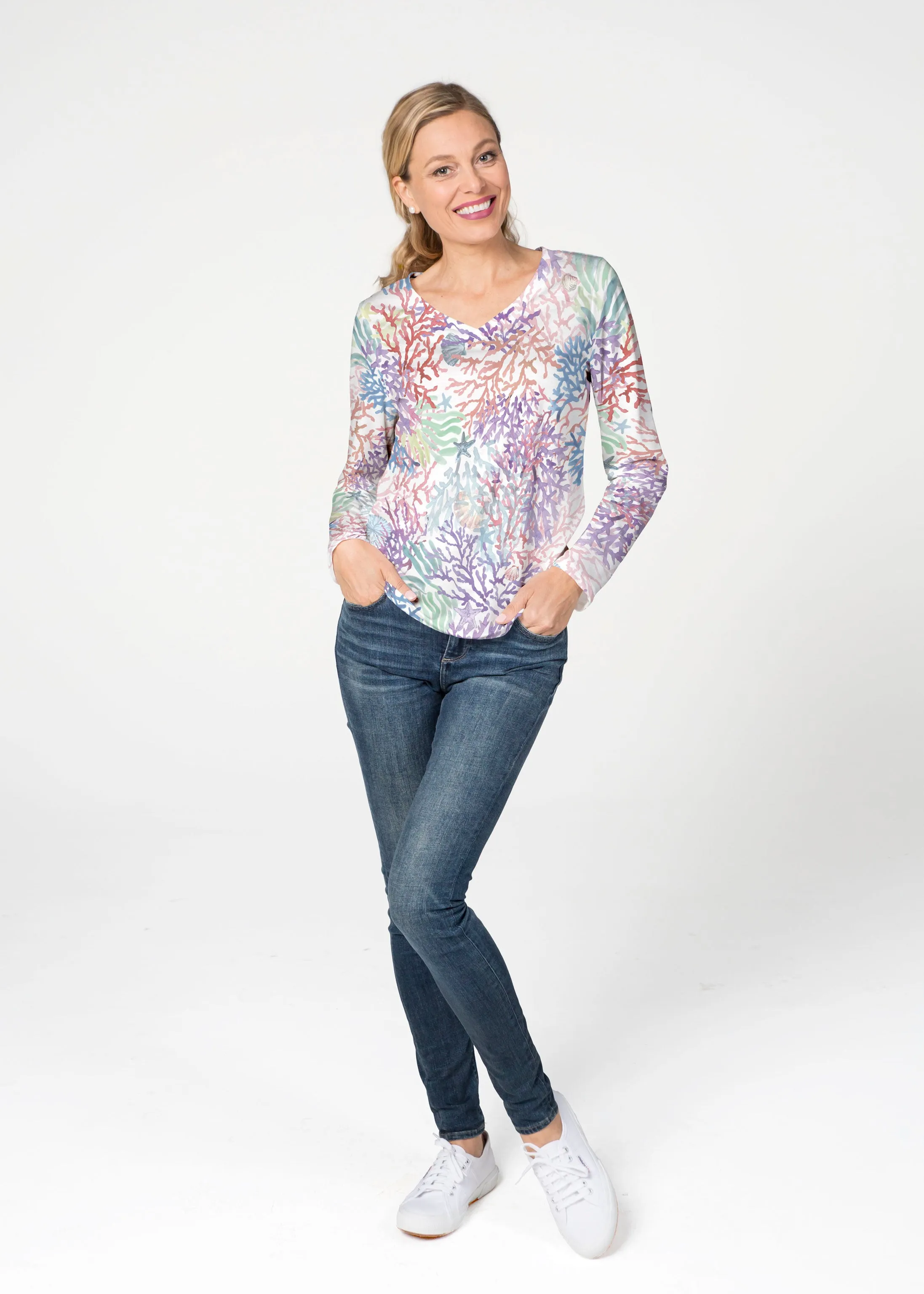 Tropic Coral (8112) ~ French Terry V-neck Top