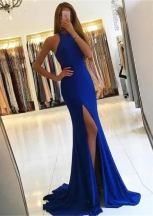 Trumpet Sleeveless High Neck Slit Royal Blue Jersey Evening Gown