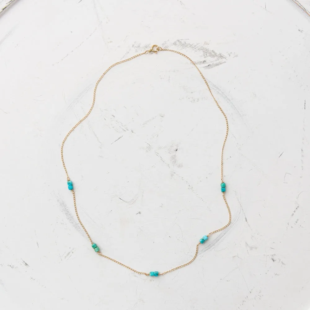 Turquoise Cube Station Necklace in Gold
