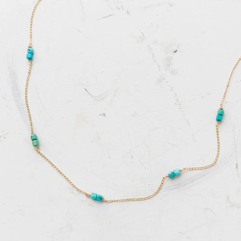 Turquoise Cube Station Necklace in Gold