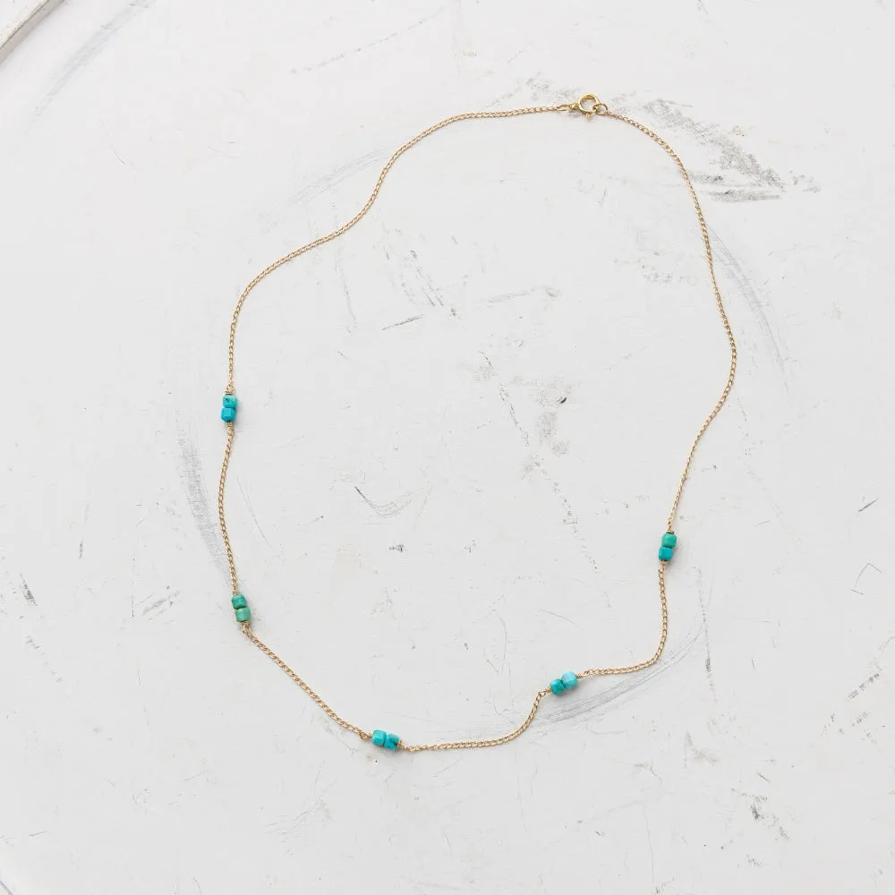 Turquoise Cube Station Necklace in Gold