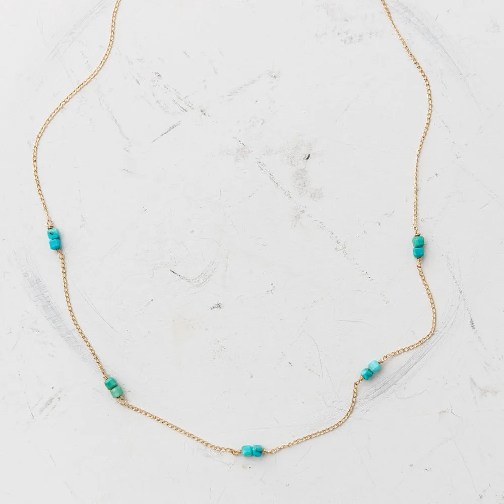 Turquoise Cube Station Necklace in Gold