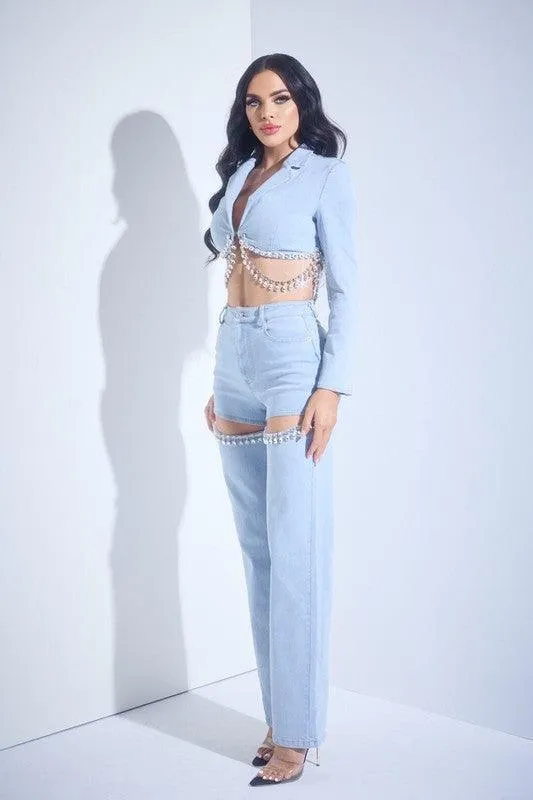 Two Piece Denim Set Rhinestones detail