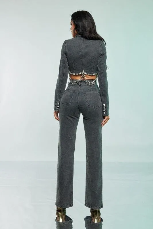 Two Piece Denim Set Rhinestones detail