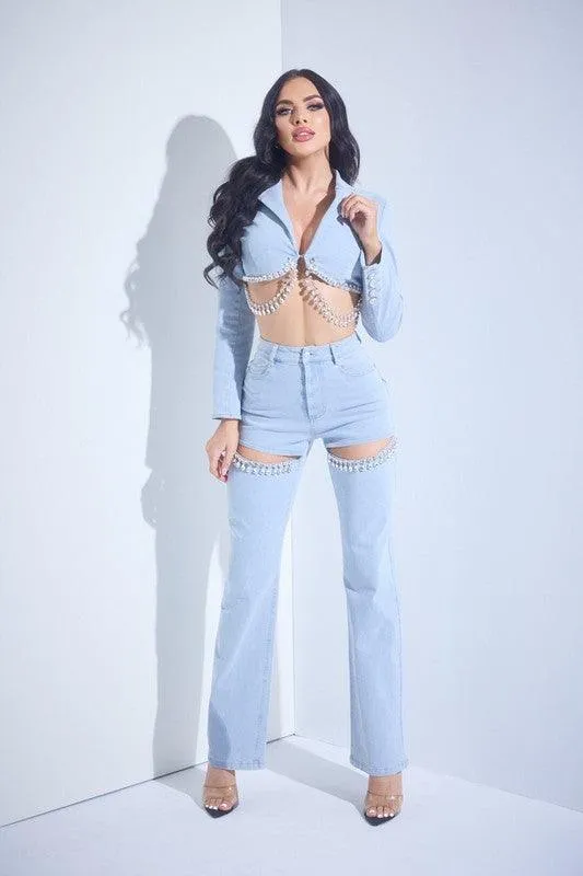 Two Piece Denim Set Rhinestones detail