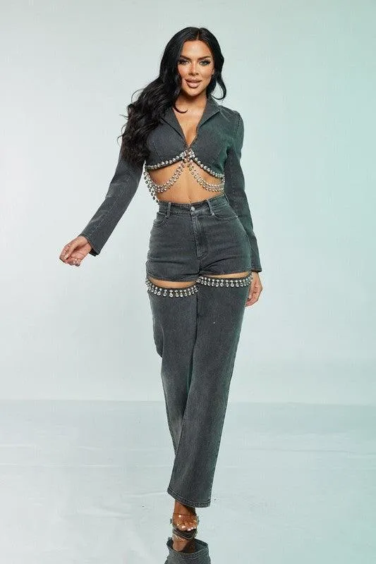 Two Piece Denim Set Rhinestones detail