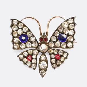Victorian Red White & Blue Paste Butterfly Brooch