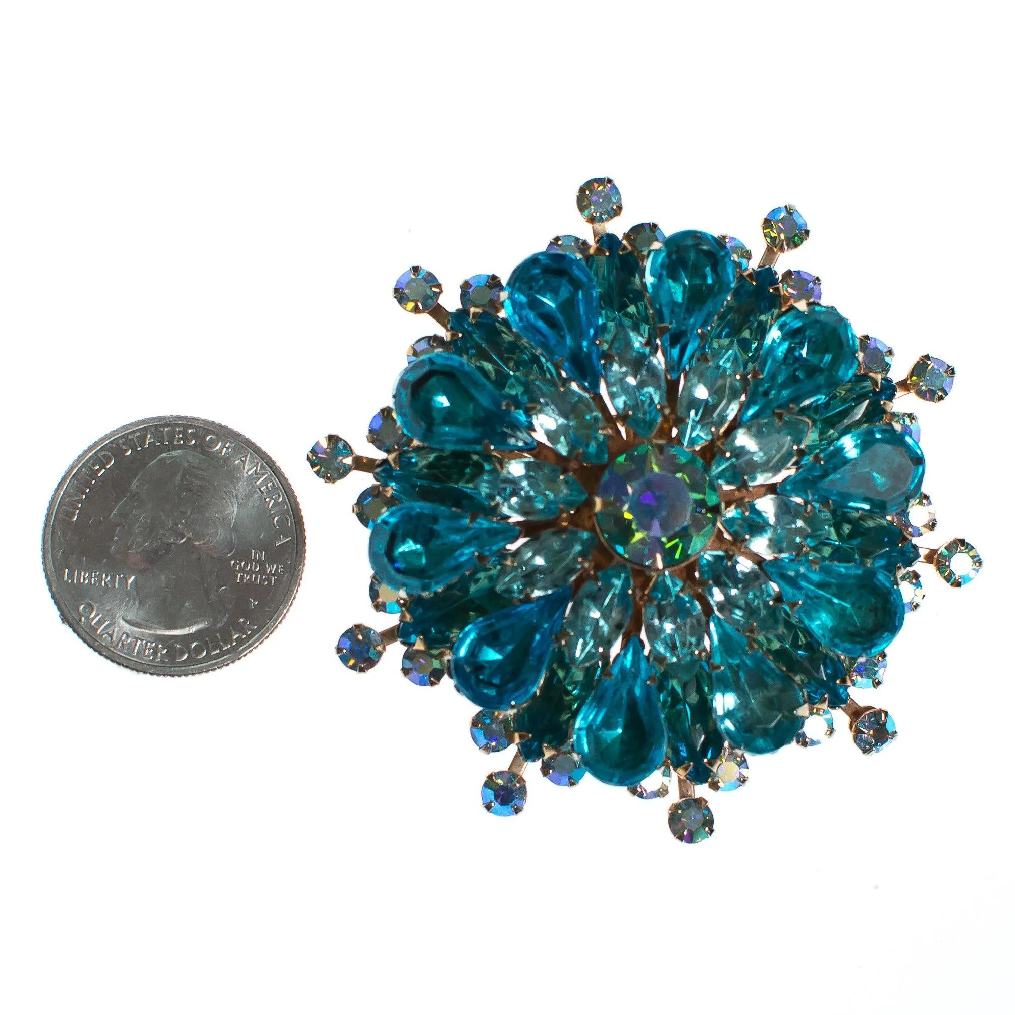 Vintage Aqua Blue Medallion Rhinestone Brooch