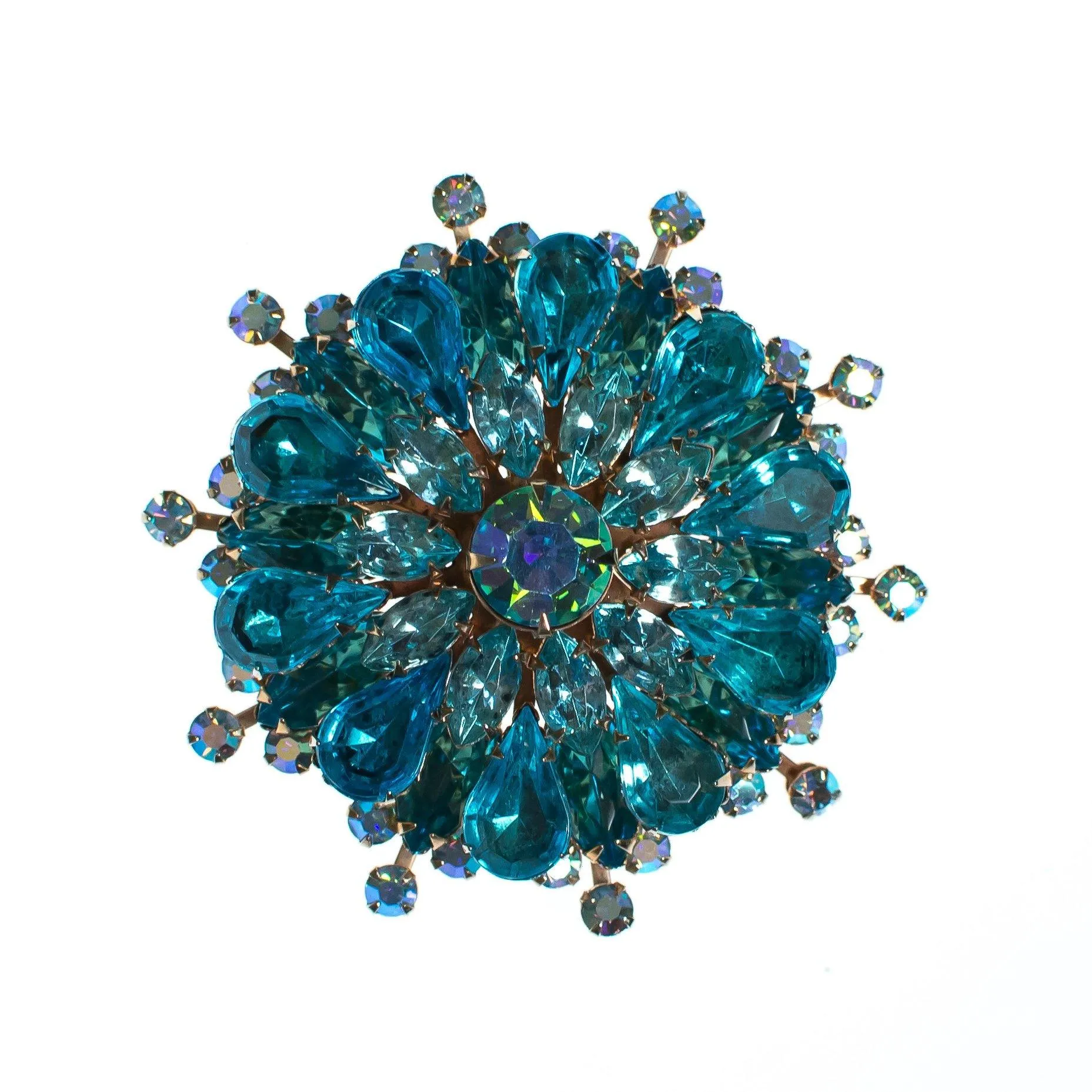Vintage Aqua Blue Medallion Rhinestone Brooch