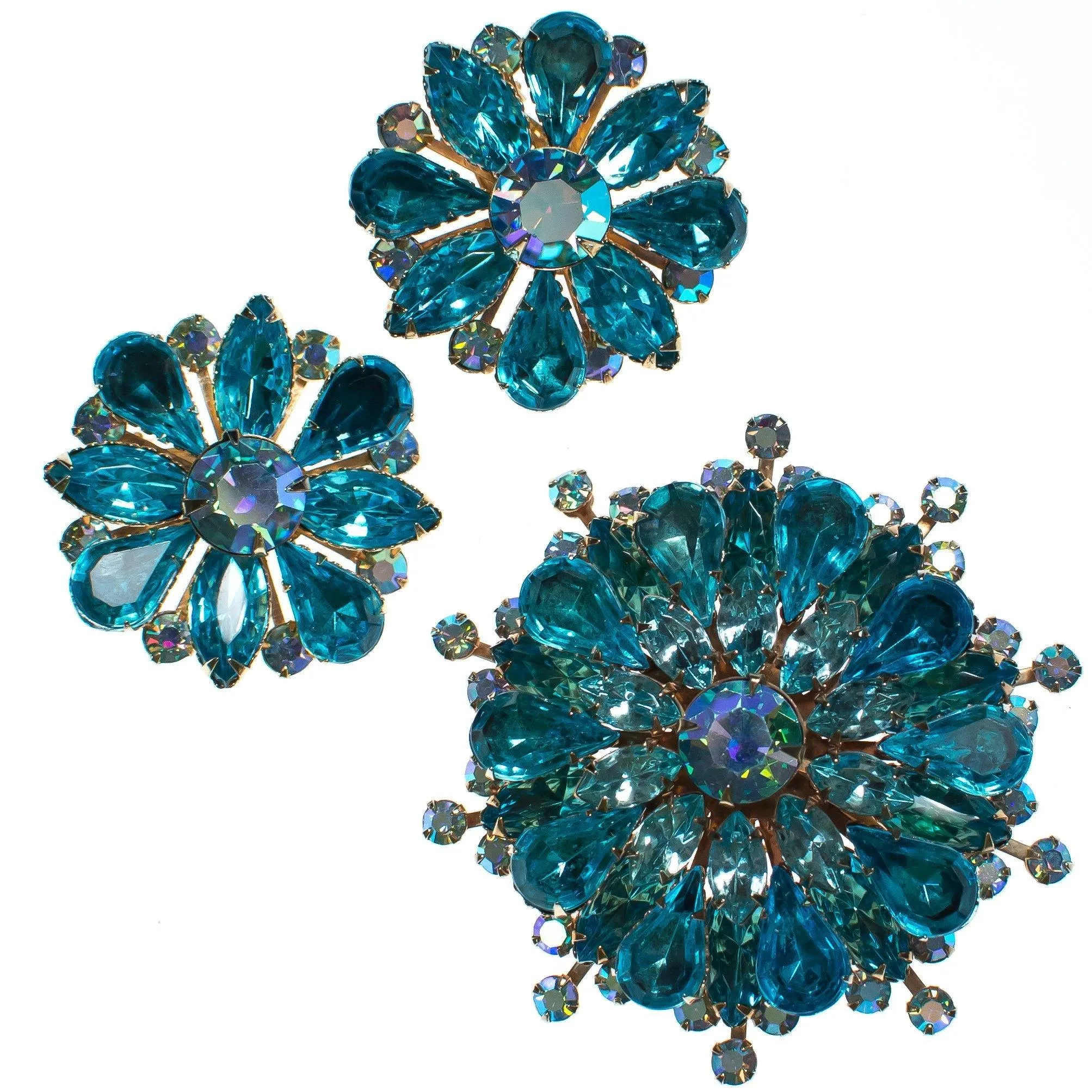 Vintage Aqua Blue Medallion Rhinestone Brooch