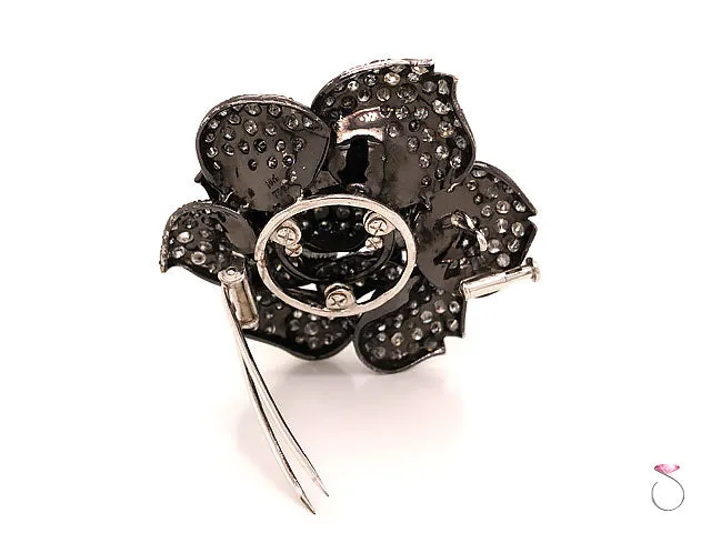 Vintage Fancy Gray Diamond Rose Brooch in 18K Blackened White Gold. 8.80 Carats