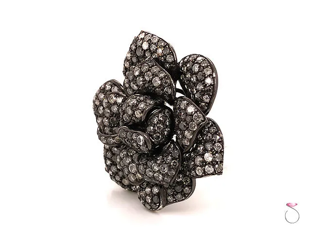 Vintage Fancy Gray Diamond Rose Brooch in 18K Blackened White Gold. 8.80 Carats