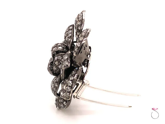 Vintage Fancy Gray Diamond Rose Brooch in 18K Blackened White Gold. 8.80 Carats