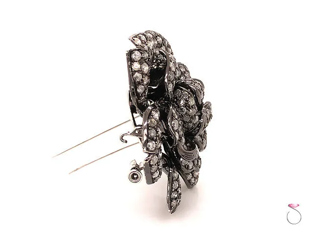 Vintage Fancy Gray Diamond Rose Brooch in 18K Blackened White Gold. 8.80 Carats