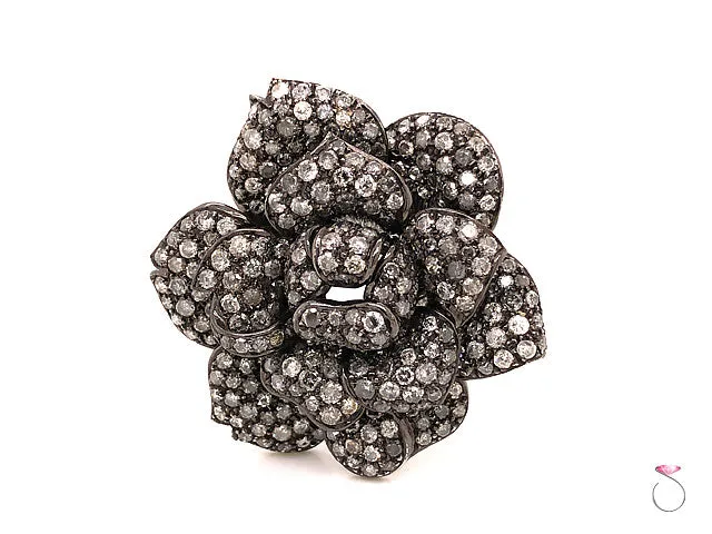 Vintage Fancy Gray Diamond Rose Brooch in 18K Blackened White Gold. 8.80 Carats