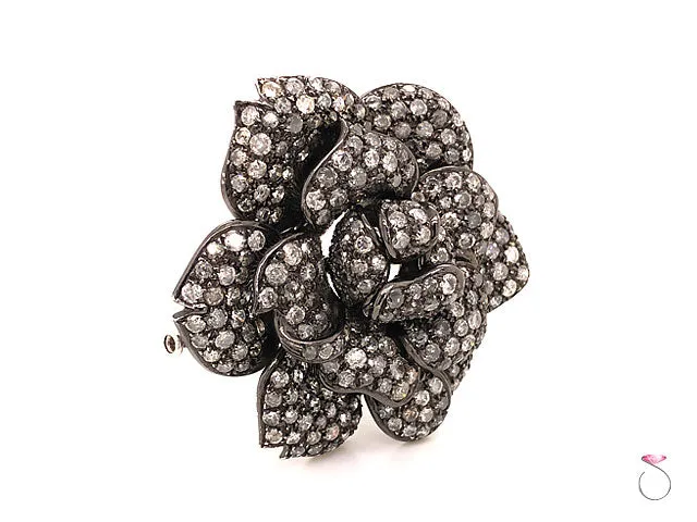 Vintage Fancy Gray Diamond Rose Brooch in 18K Blackened White Gold. 8.80 Carats