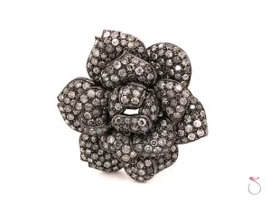 Vintage Fancy Gray Diamond Rose Brooch in 18K Blackened White Gold. 8.80 Carats