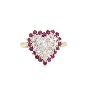 Vintage Pave Diamond Ruby Heart Ring 14k Yellow Gold Sz 5 Cocktail Fine Jewelry