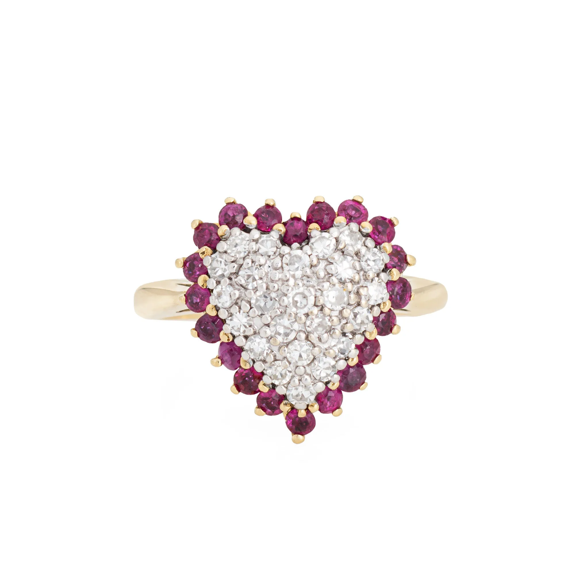Vintage Pave Diamond Ruby Heart Ring 14k Yellow Gold Sz 5 Cocktail Fine Jewelry