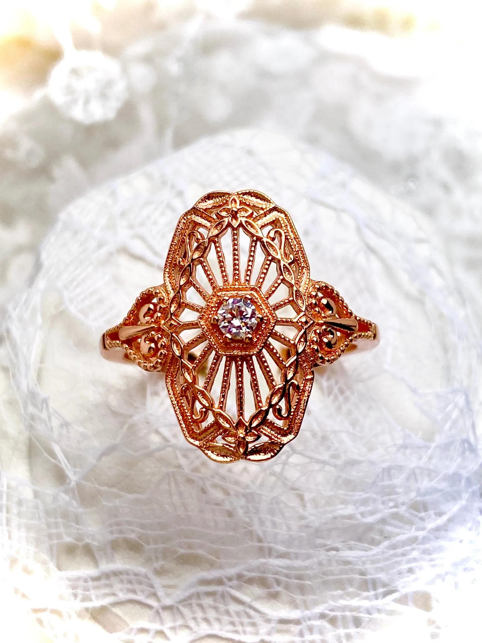 Vintage Style Diamond Ring, Rose Gold plated Sterling Silver, Round Gem, Debut, Victorian Filigree , D588