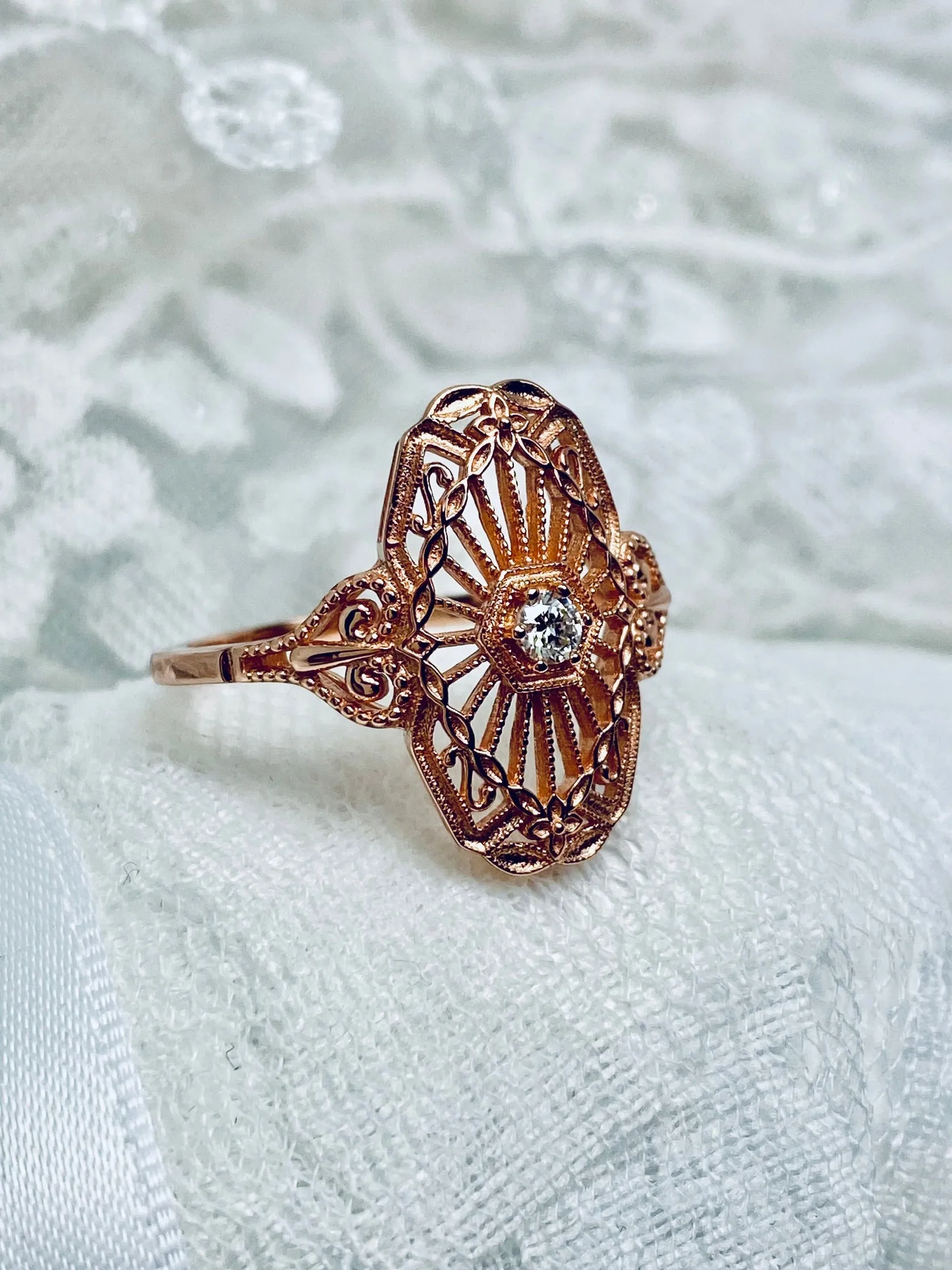 Vintage Style Diamond Ring, Rose Gold plated Sterling Silver, Round Gem, Debut, Victorian Filigree , D588