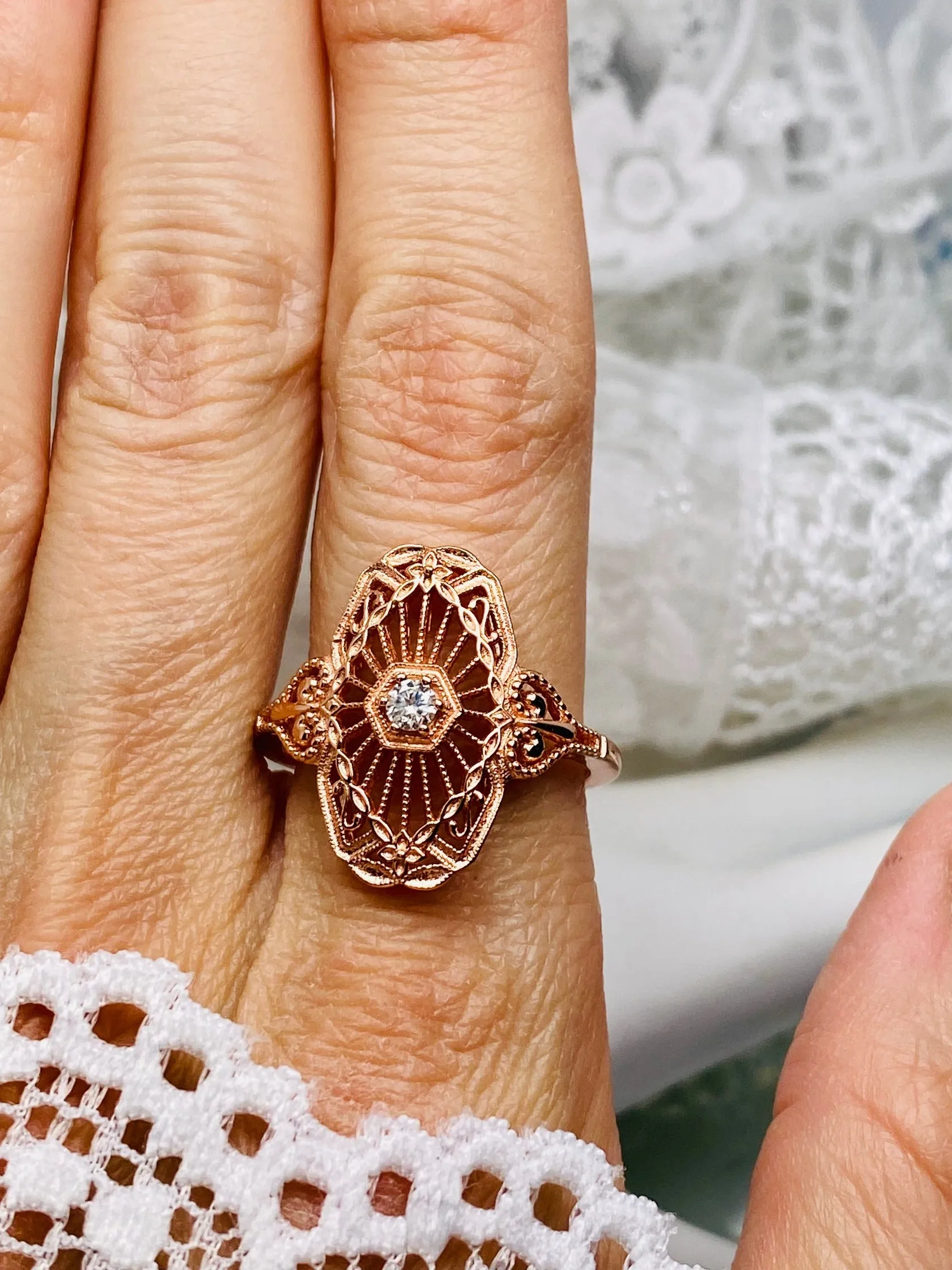 Vintage Style Diamond Ring, Rose Gold plated Sterling Silver, Round Gem, Debut, Victorian Filigree , D588