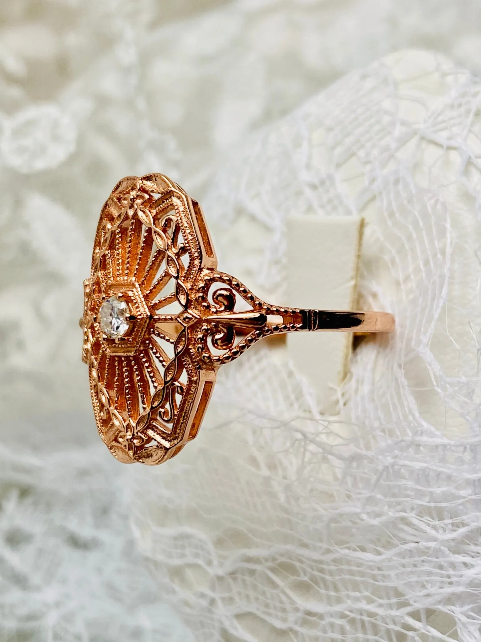 Vintage Style Diamond Ring, Rose Gold plated Sterling Silver, Round Gem, Debut, Victorian Filigree , D588