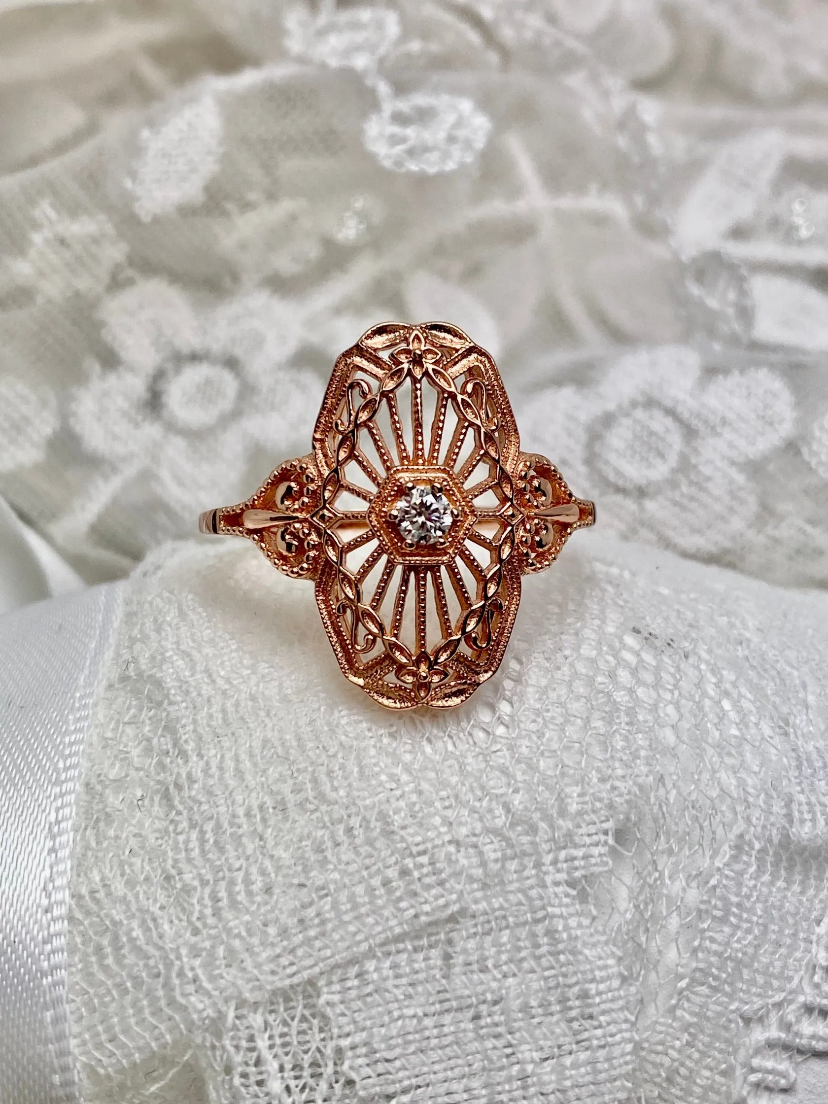 Vintage Style Diamond Ring, Rose Gold plated Sterling Silver, Round Gem, Debut, Victorian Filigree , D588
