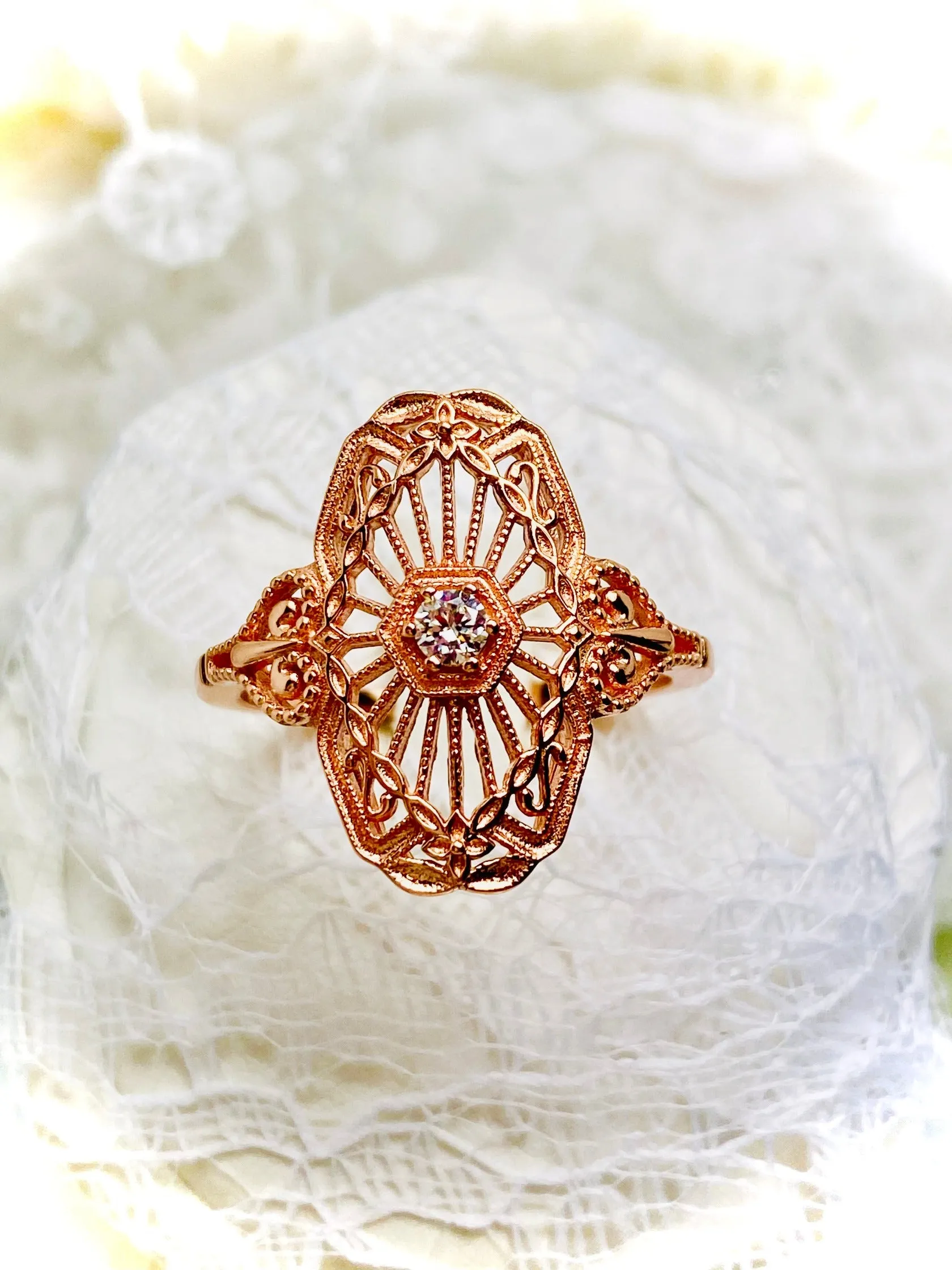 Vintage Style Diamond Ring, Rose Gold plated Sterling Silver, Round Gem, Debut, Victorian Filigree , D588