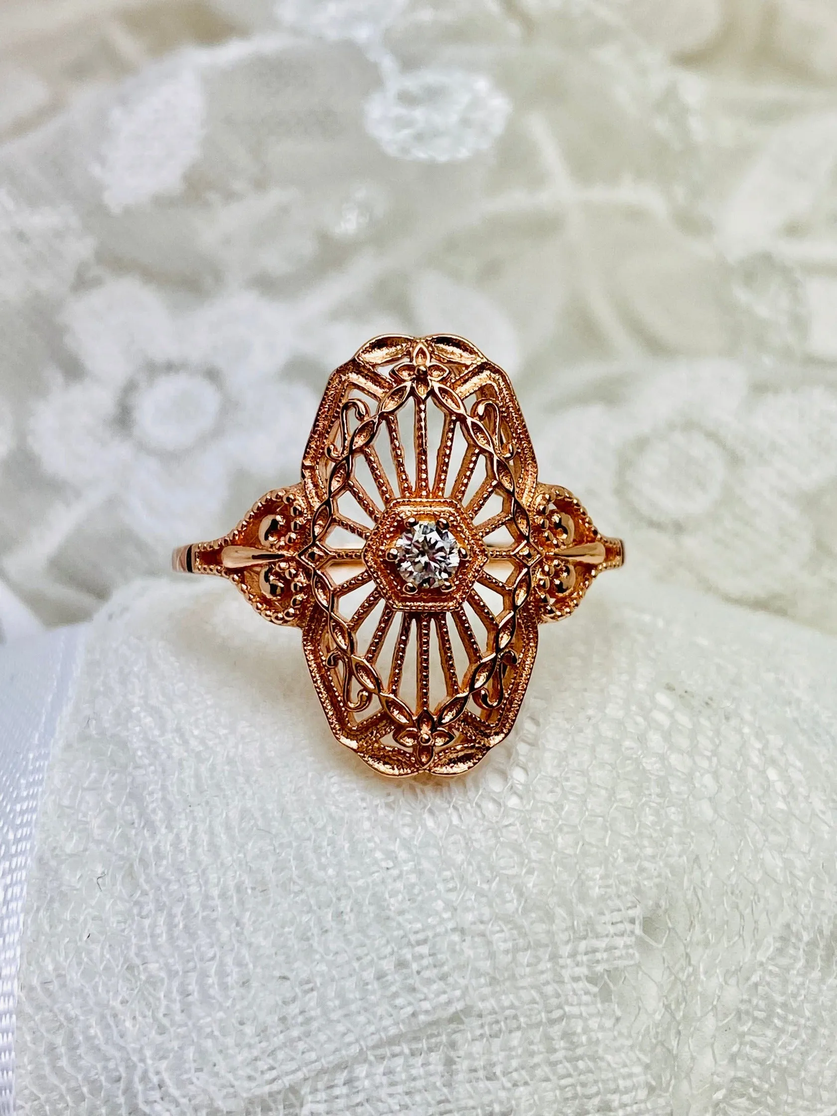 Vintage Style Diamond Ring, Rose Gold plated Sterling Silver, Round Gem, Debut, Victorian Filigree , D588