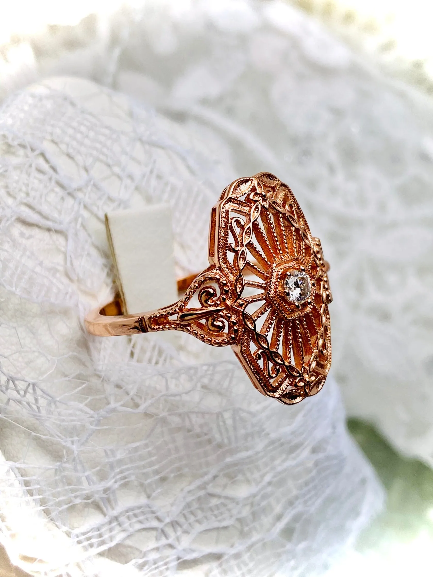 Vintage Style Diamond Ring, Rose Gold plated Sterling Silver, Round Gem, Debut, Victorian Filigree , D588
