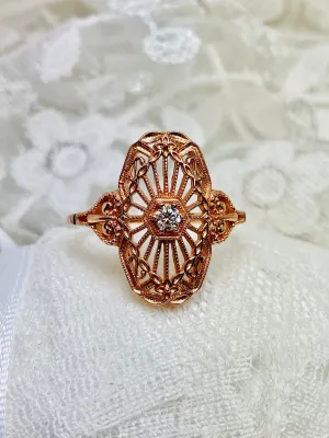Vintage Style Diamond Ring, Rose Gold plated Sterling Silver, Round Gem, Debut, Victorian Filigree , D588