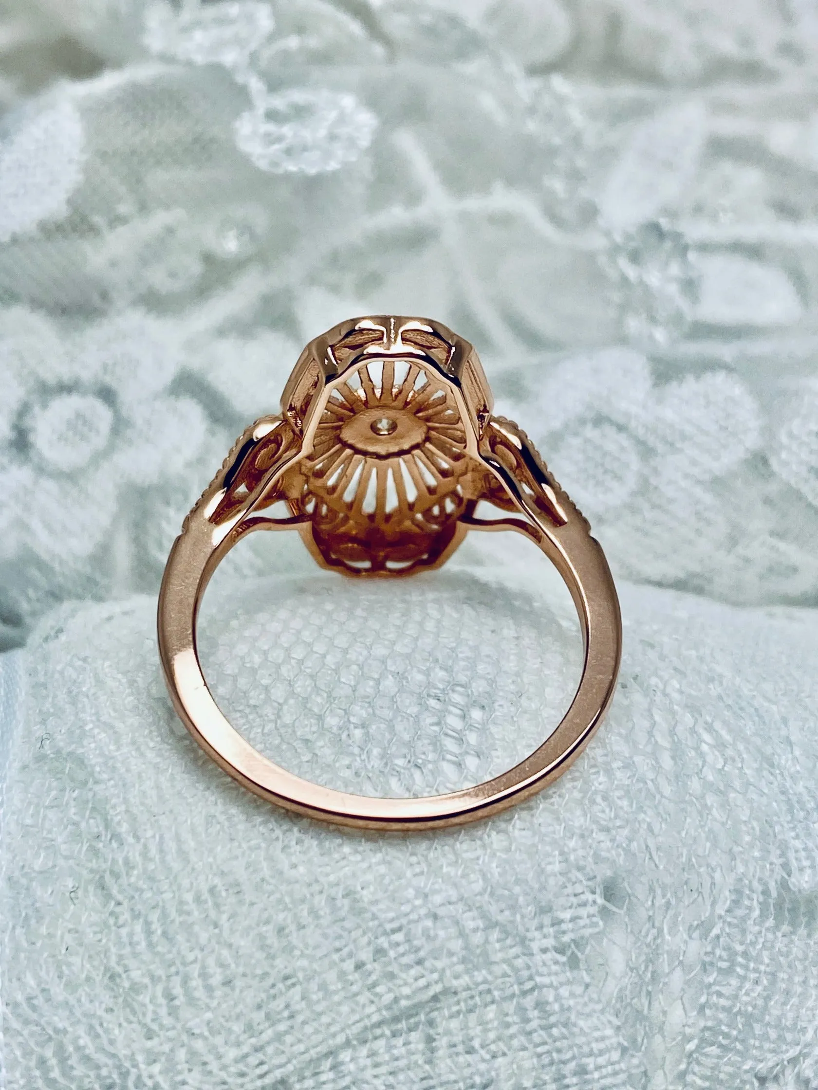Vintage Style Diamond Ring, Rose Gold plated Sterling Silver, Round Gem, Debut, Victorian Filigree , D588