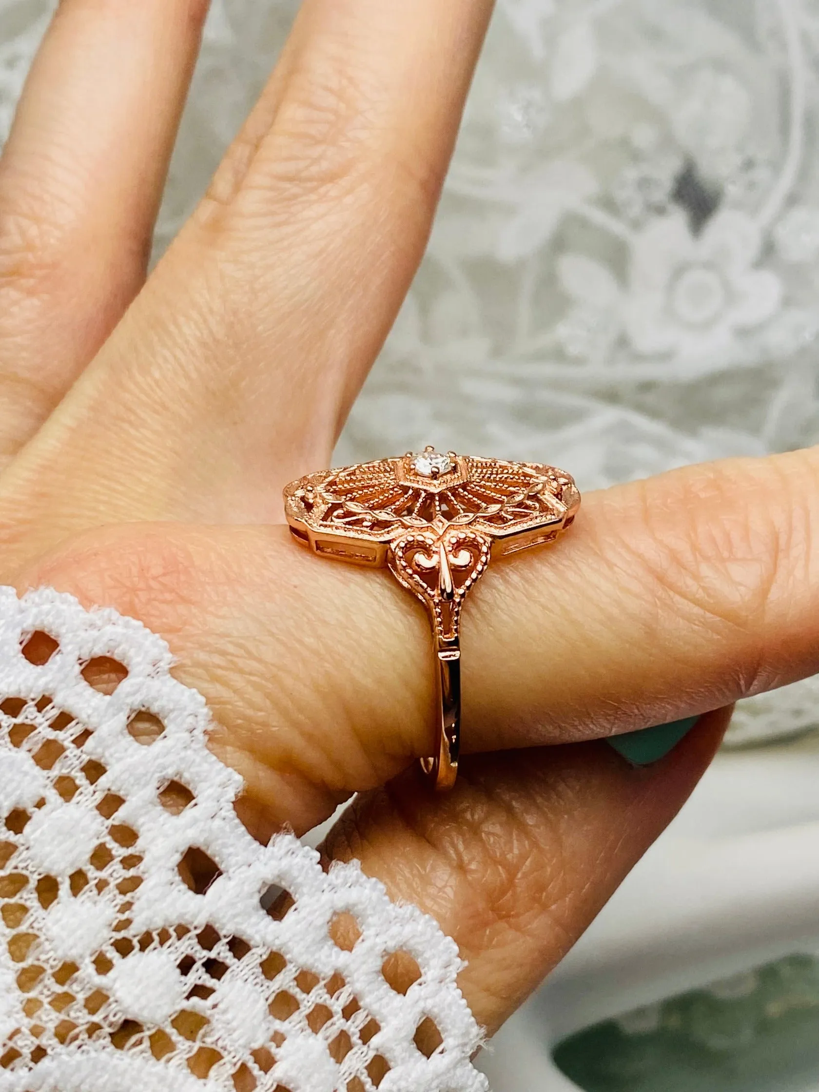 Vintage Style Diamond Ring, Rose Gold plated Sterling Silver, Round Gem, Debut, Victorian Filigree , D588