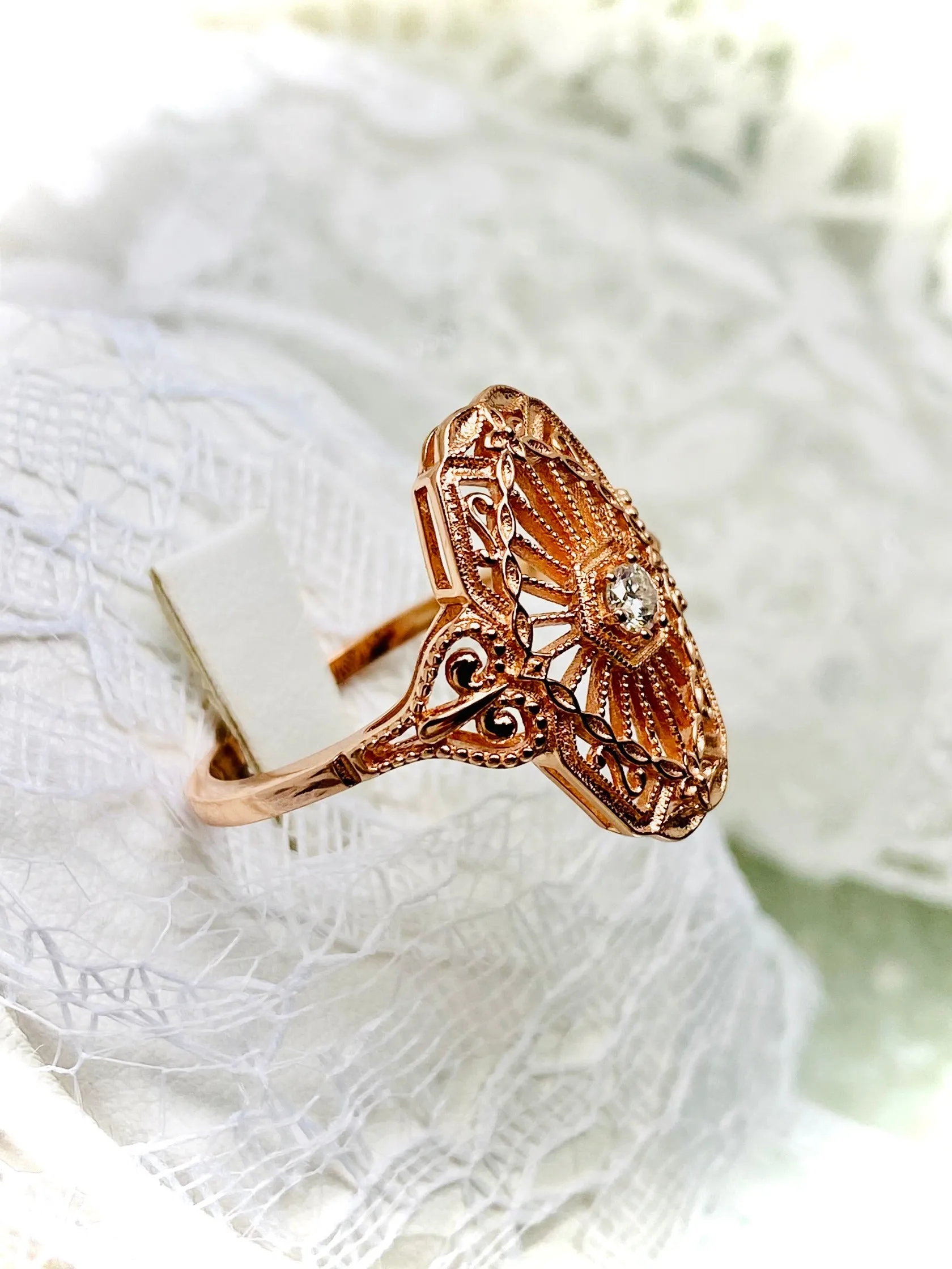 Vintage Style Diamond Ring, Rose Gold plated Sterling Silver, Round Gem, Debut, Victorian Filigree , D588