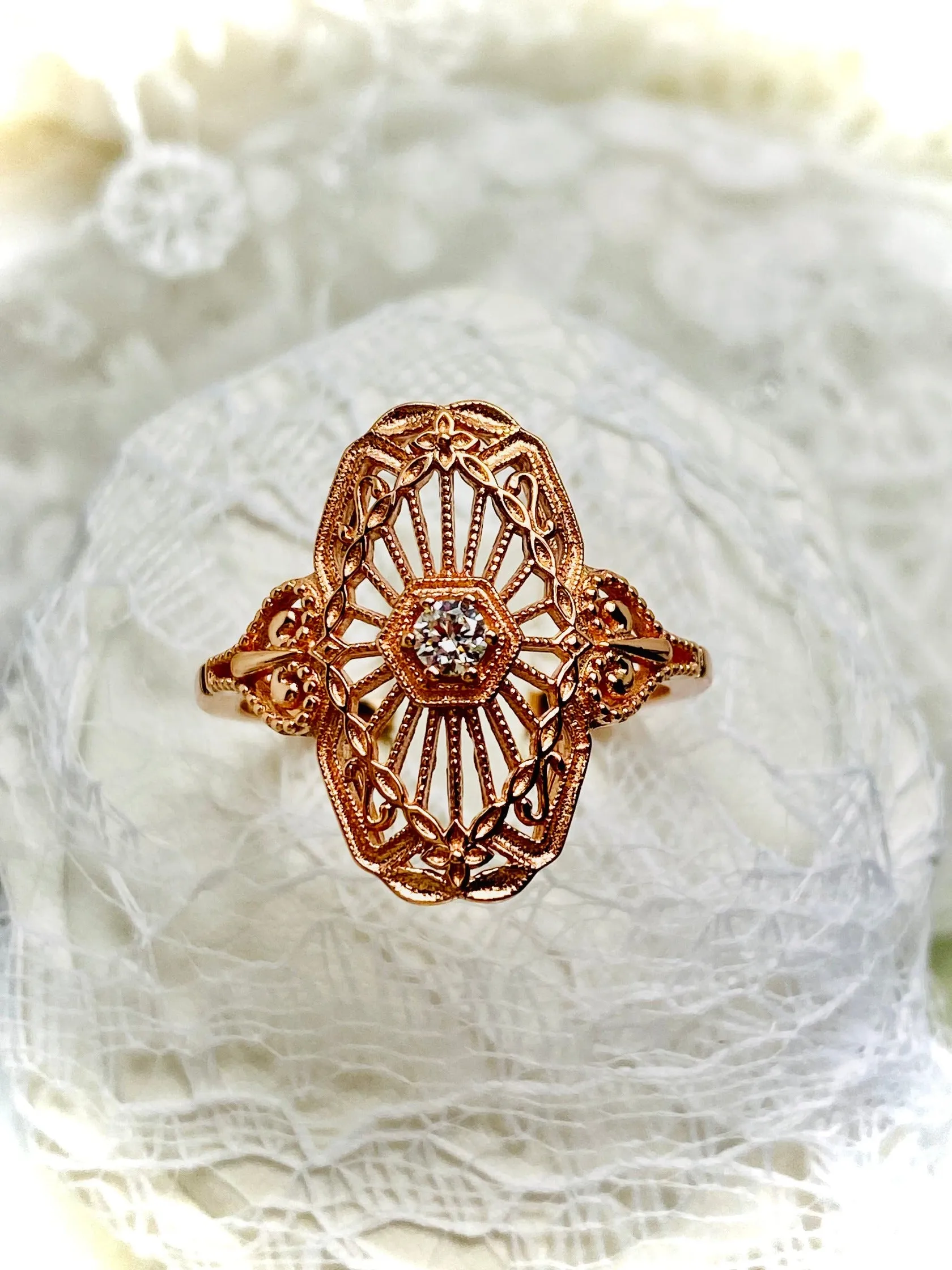 Vintage Style Diamond Ring, Rose Gold plated Sterling Silver, Round Gem, Debut, Victorian Filigree , D588