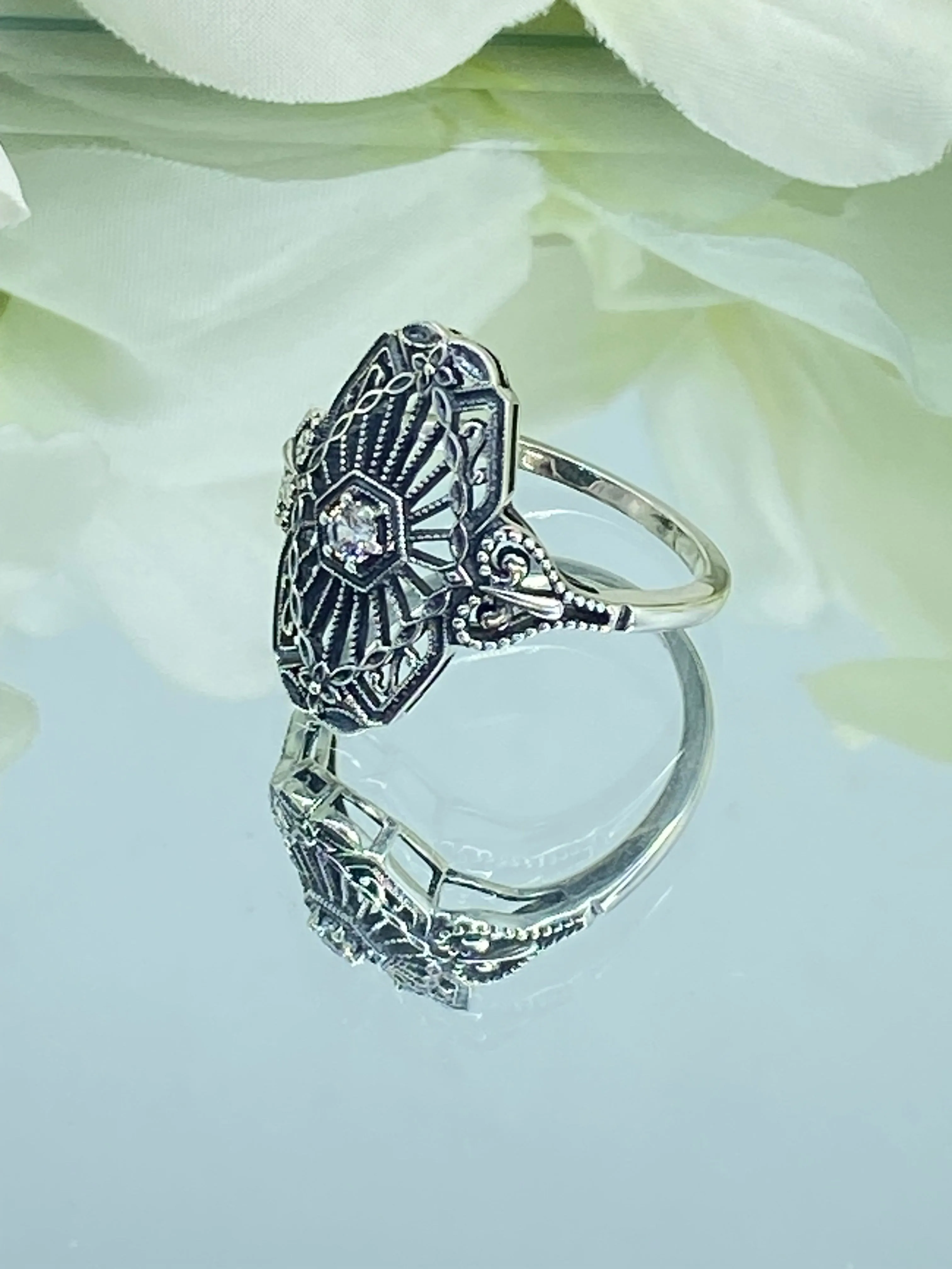 Vintage Style Diamond Ring, Round Gem, Debut, Victorian Sterling Silver Filigree, D588